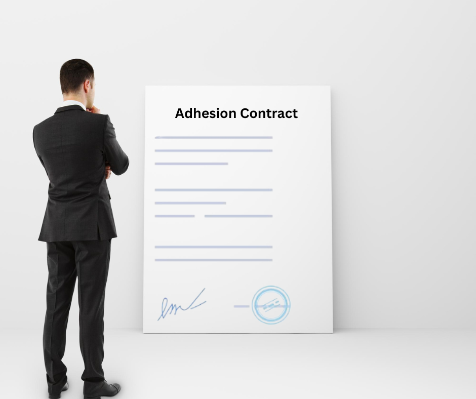 Person standing before adhesion contract insurance document